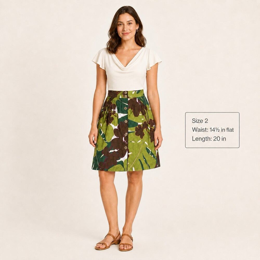 Trina Turk Womens 2 Floral Cotton Button Front A Line Knee Skirt Green Brown
